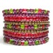 Beaded Wrap Bracelet Cranberry and Green Memory Wire Stacking Bracelet