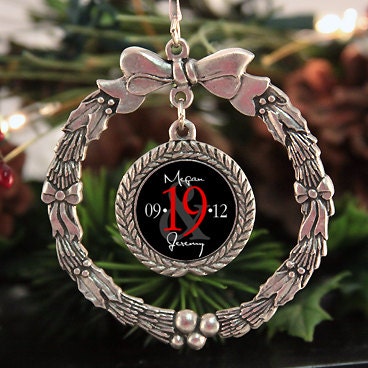 Personalized Christmas Holiday Ornament - Pewter Wreath for Newlyweds with Names and Wedding Date