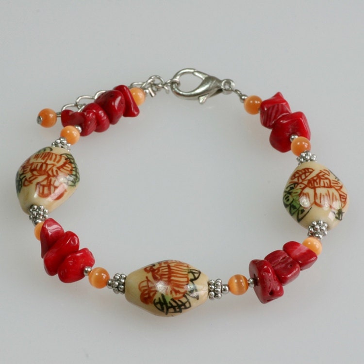 Chinese hand painted ceramic coral beaded bracelet Bridesmaids