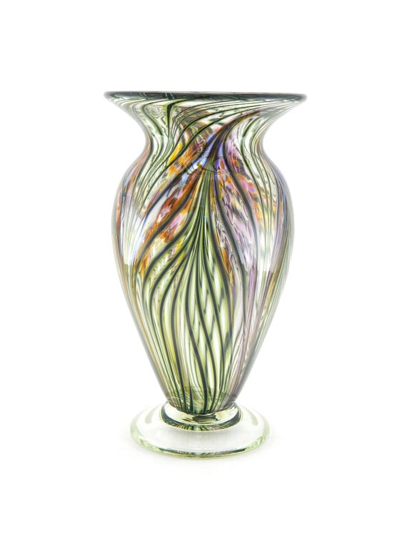 Hand Blown Art Glass Vase Iridescent Amber Purple and Red