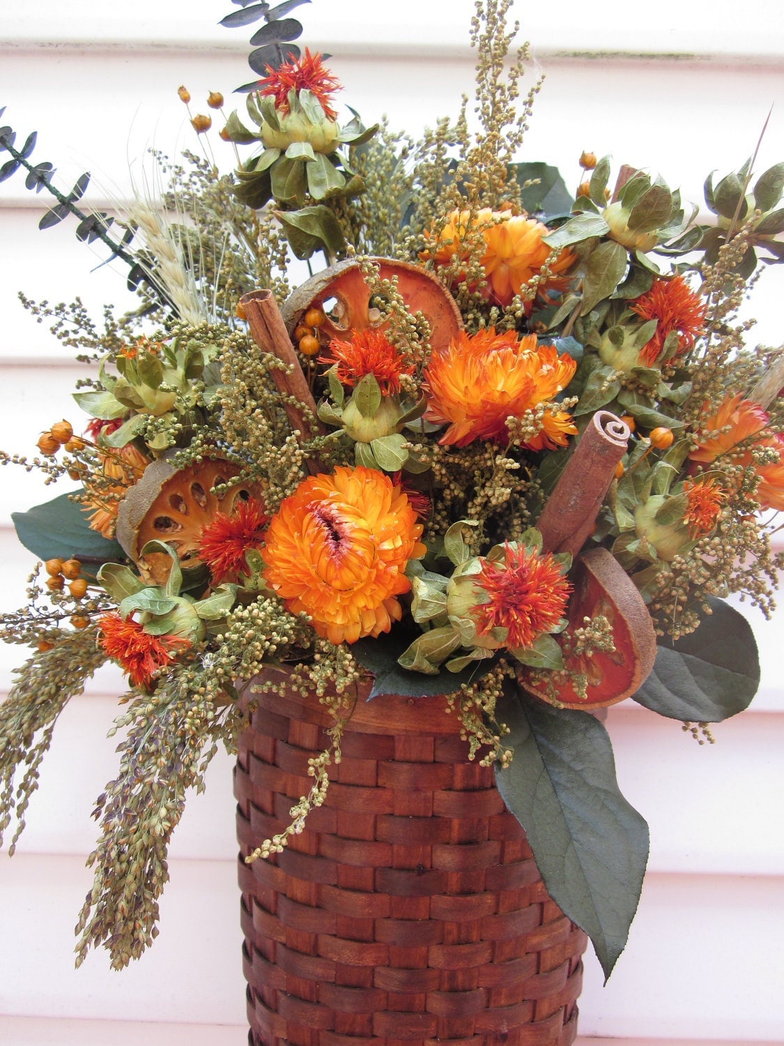 Long Wall Basket Dried Flower Arrangement With Cinnamon Sticks