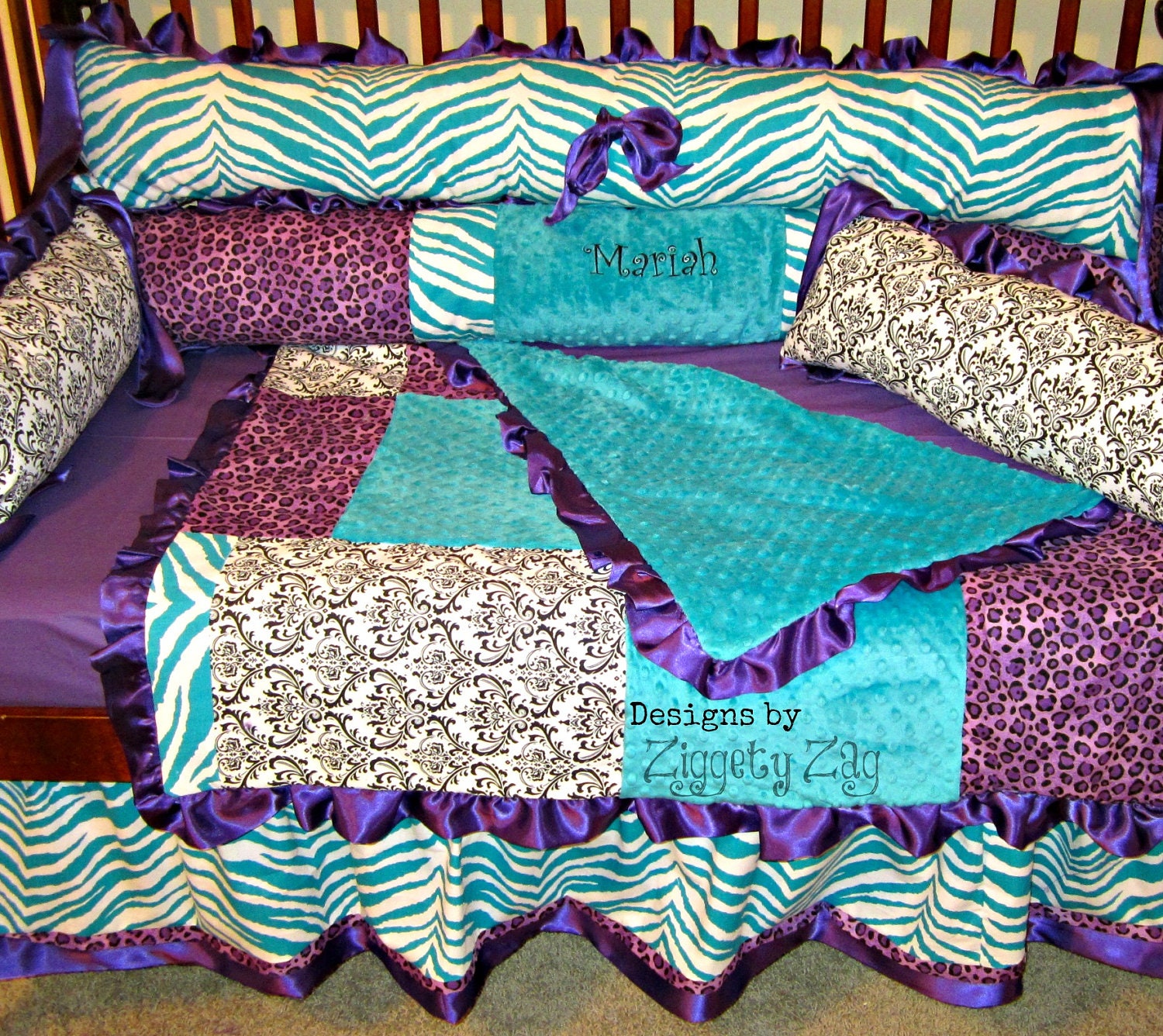 Baby Bedding Teal Purple Animal by Ziggetyzag on Etsy