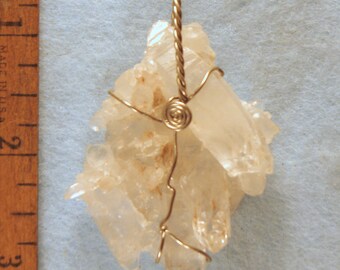 Clear Quantum Quartz Crystal Cluster with Fairy Frost & Dust Wire Wrapped Pendant