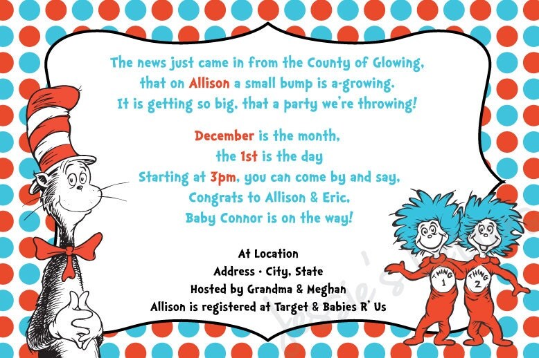 Custom Made Dr. Suess Baby Shower Invitation And Free Insert
