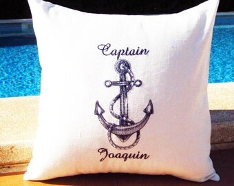 Seaside Inspired Personalized Embroidered Nautical Pillow Cover - Captain - 100% Linen - Nautical Beachhouse Birthday Boat Gift