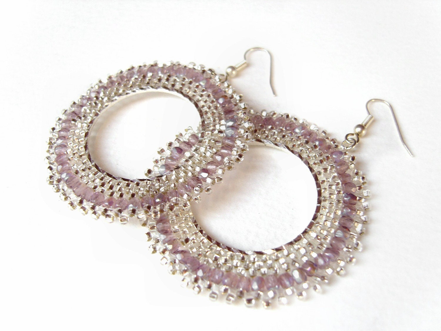 Beaded Hoop Earrings : Pink Seed Bead Hoops Dangly Earrings