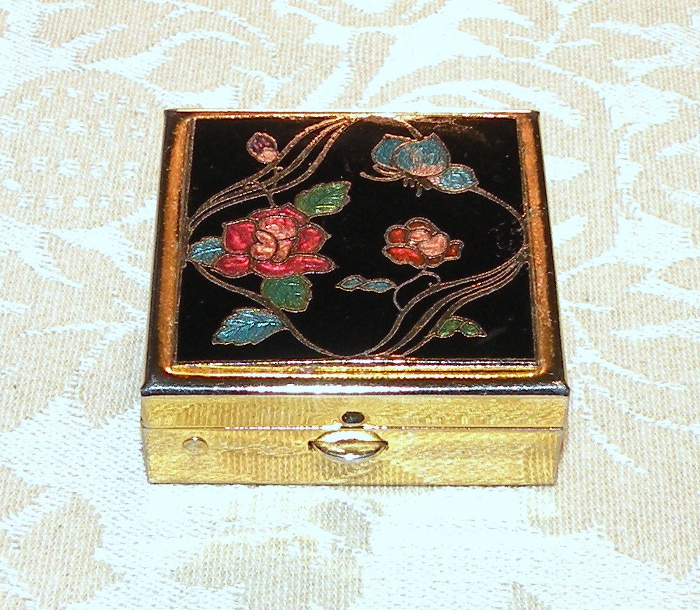 Vintage Pill Box Cloisonne Enamel Floral by RosePetalResources