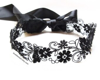 Black Beaded Embroidery Flower Sash // Head Tie, Headband , Black Sash // SH-68