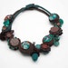 Handmade crochet necklace with fabric buttons and felted beads, brown turquoise, OOAK