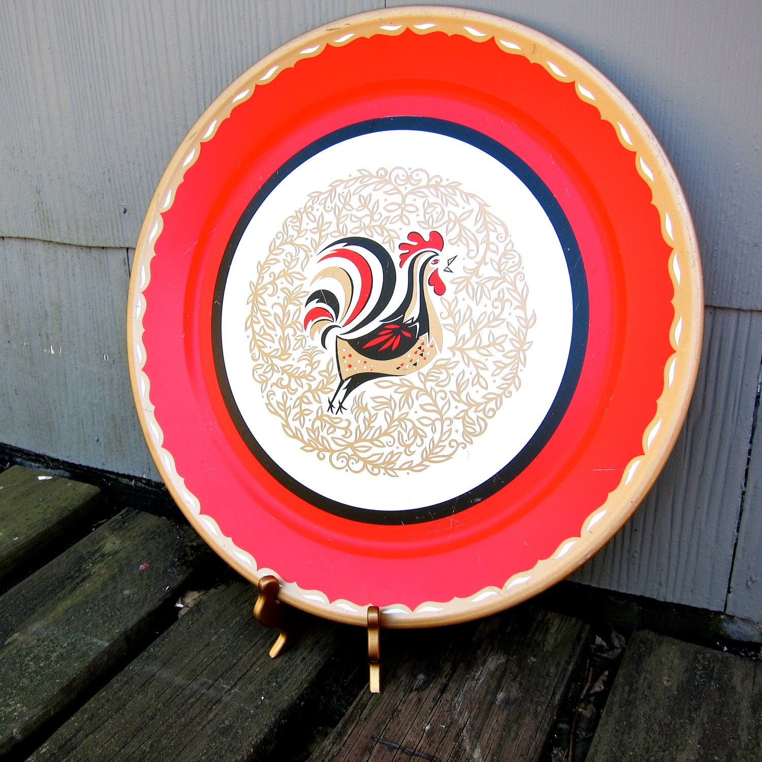 Vintage Rooster Tray Round Large Plate Mid Century Kitsch