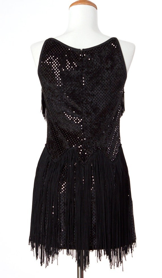 80s Vintage Dress Black Fringe Flapper Dance Costume XSmall