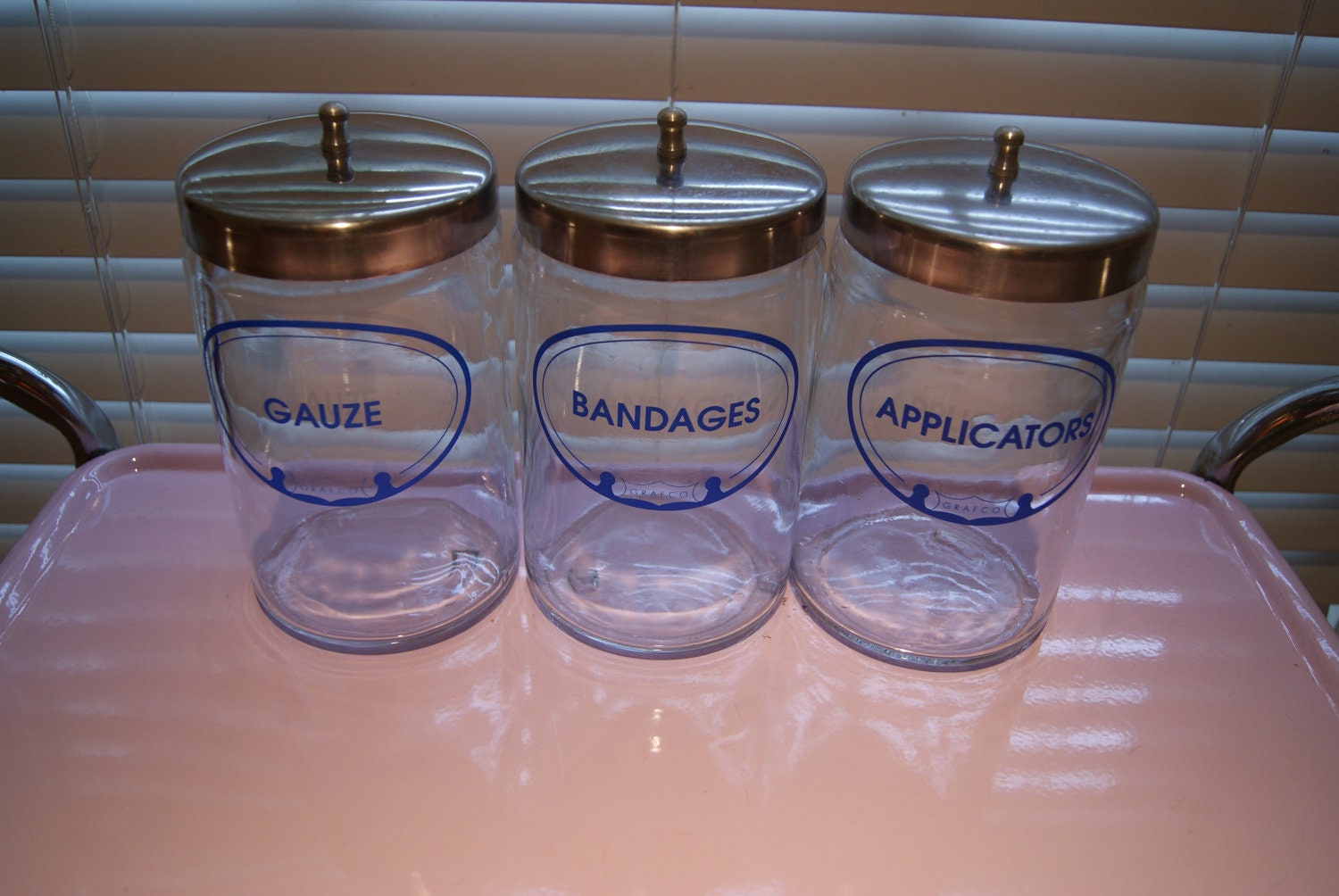 Vintage Set of 3 Grafco Medical Supplies Jars with Metal Lids