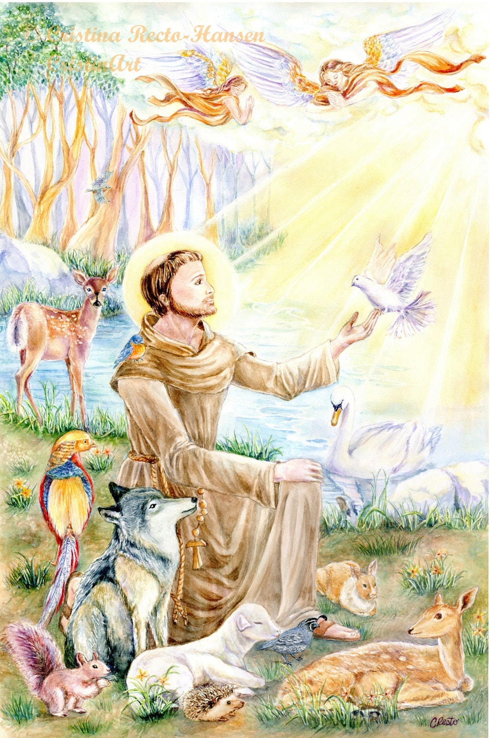 Religious Art St. Francis of Assisi with animals in forest