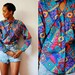 Vtg Neon Tribal Print Keyhole Neck Button Down Shirt