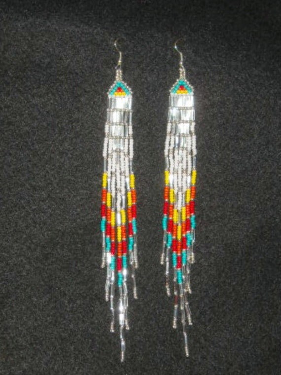 Native American Beaded Earrings Very Long MulticolorRed