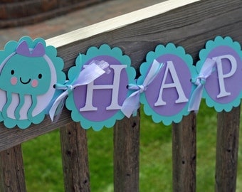 Under the Sea Happy Birthday Banner, Happy Birthday Banner, Lavender and Aqua Birthday Banner, Under the Sea Birthday, Sea Name Banner