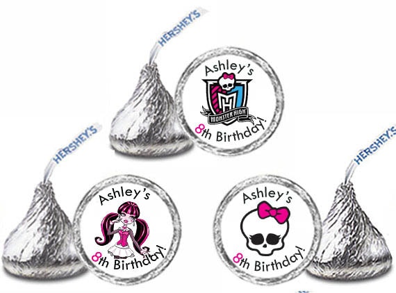 108 Personalized MONSTER HIGH Birthday Party FAVORS Candy Kiss Labels Stickers