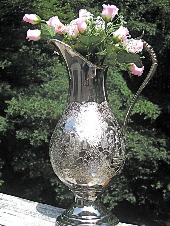 Vintage 14 Silver Metal Water Pitcher Or Vase With A