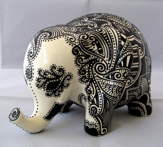 Ceramic Elephant Embossed Black Design on by StephanieCeramics