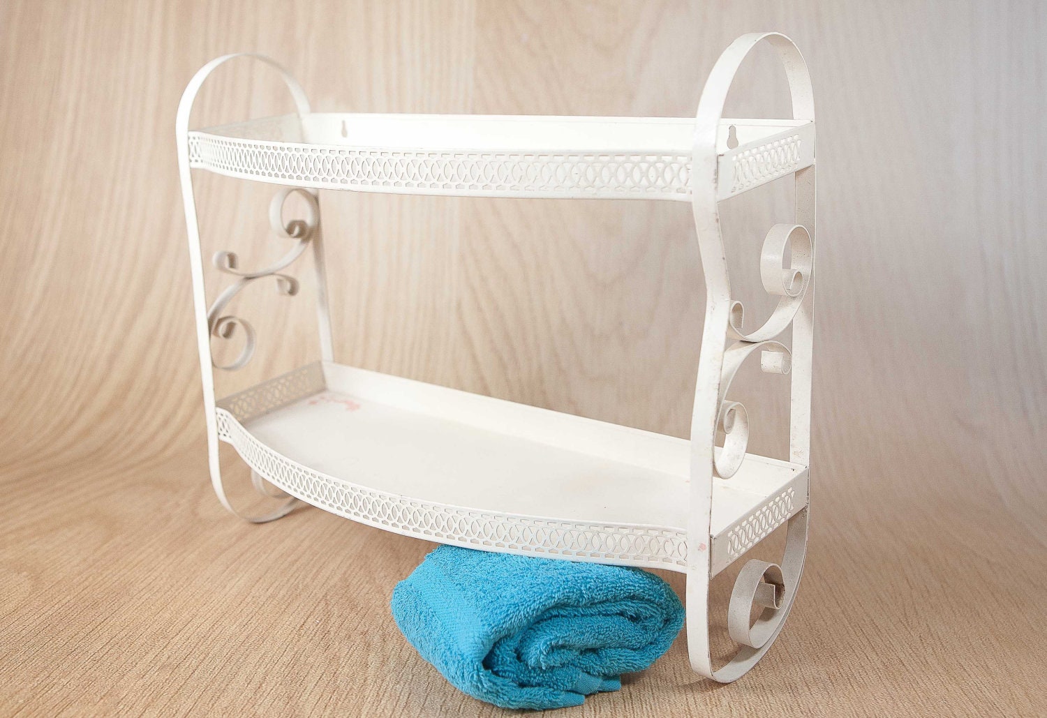 Vintage Metal Wall Shelf 2 tier w/ Decorative Lattice Edging