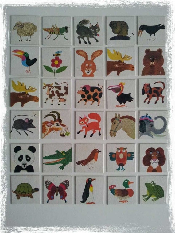 25 Vintage Animal Memory Lotto Game Cards Pictures for