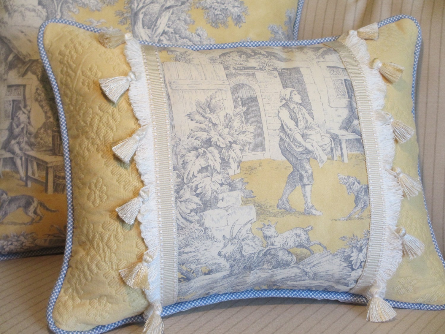 Toile French Country Pillow Cover Blue and Yellow Decorative