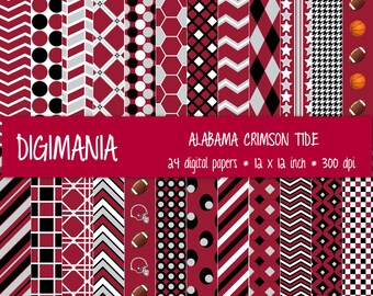 OFF %40 - INSTANT DOWNLOAD - Digital Paper Pack - Alabama Crimson Tide - Red, Grey, Black and White 24 Printable Papers