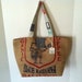 Repurposed Burlap Tote Bag (Large) Organic Coffee "Blue Krishna" Red and Navy Blue