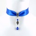 Blue Satin Choker Necklace with Long Sapphire Beads and Pewter Dangle - Victorian, Ball, Sexy, Glam, Lingerie, Elegant