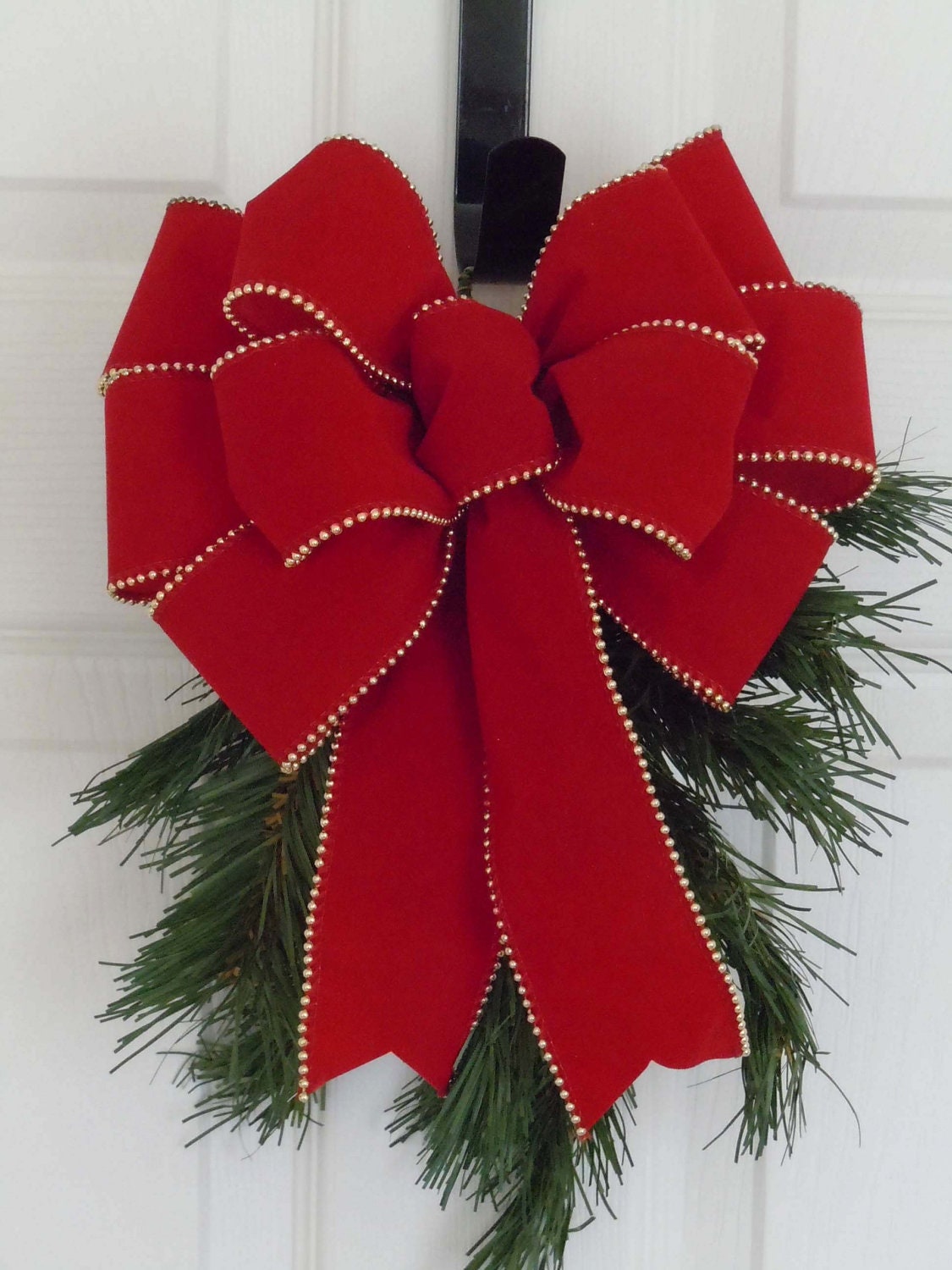 Traditional Red Christmas Wreath Bow Christmas In July Indoor / Outdoor Holiday Mailbox Bow Red Velvet Gold Trim Christmas Garland Bow