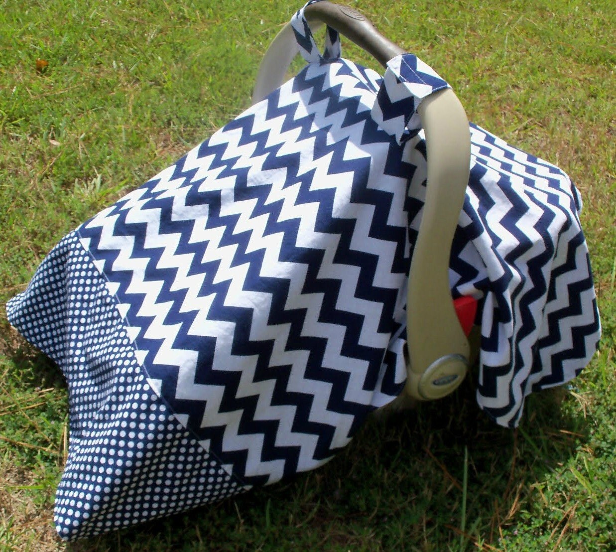 Baby Car Seat Cover in Navy Blue Chevron and by jennypennydesigns