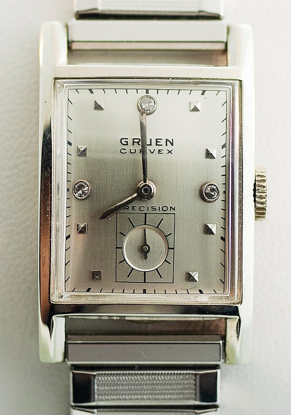 Vintage 14k White Gold Mens Gruen Curvex Watch with Diamonds