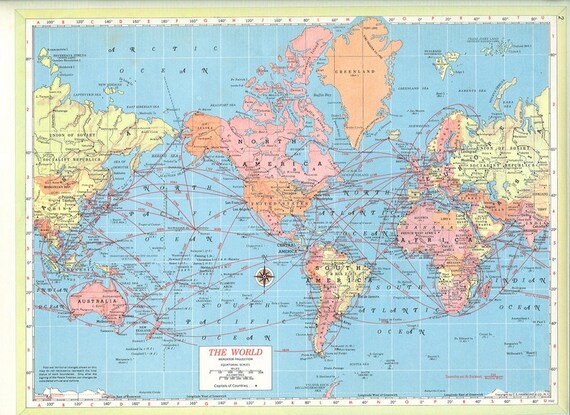 Vintage World Map from 1954 Colorful Retro by amykristineprints