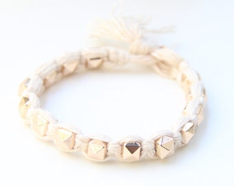 on sale! Arm candy - Gold pyramid beads and White cord - woven bracelet