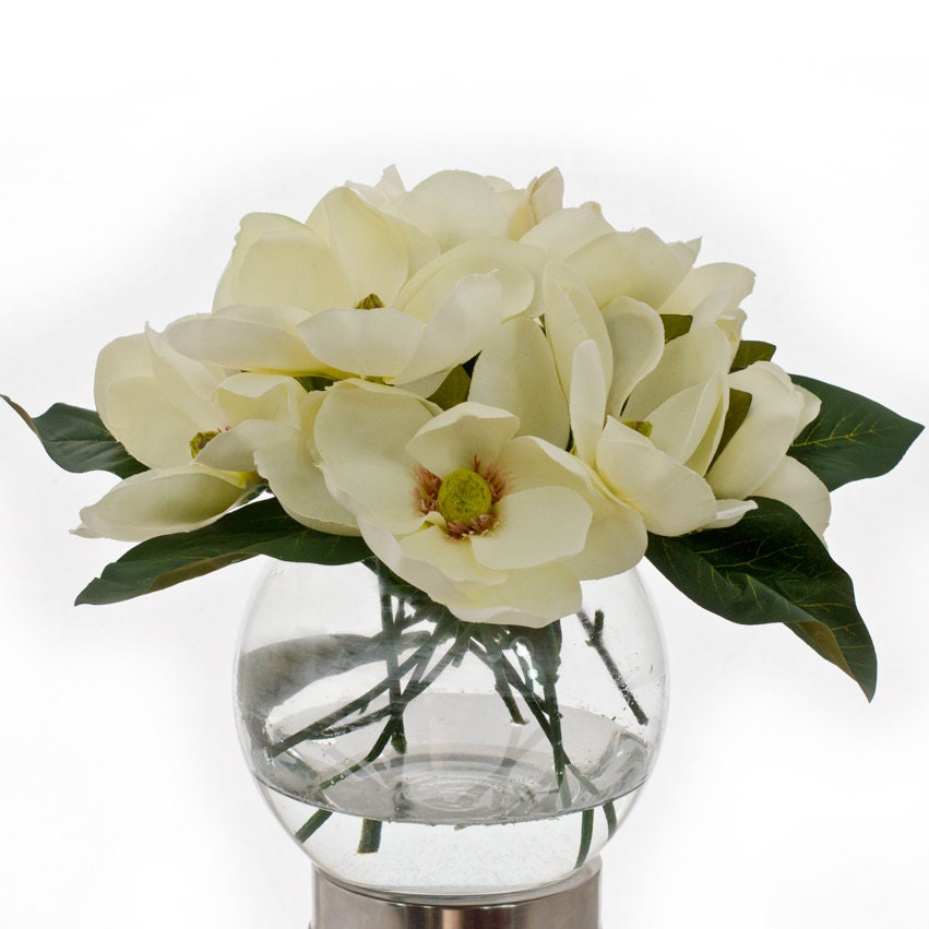 Silk White Magnolia Round Glass Vase Artificial Faux