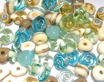 BEACH MIX - Handmade Glass Lampwork Beads - Blue Topaz Ivory Sea Green Turquoise - Set of 20