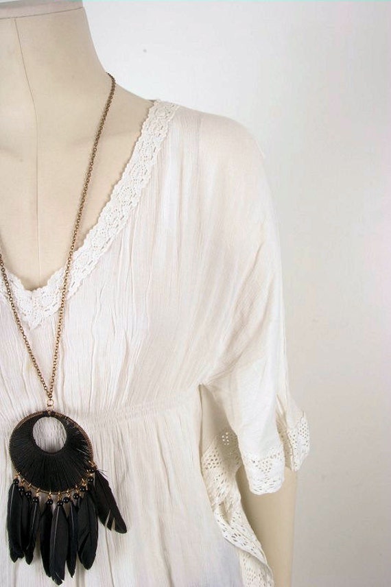 Peasant Blouse White Top Bohemian Gypsy Hippie Vintage Women 8650