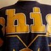 Awesome 80s/90s University of Michigan navy blue fleece men's/unisex college sweatshirt, yellow gold print across calhoun cotton prints