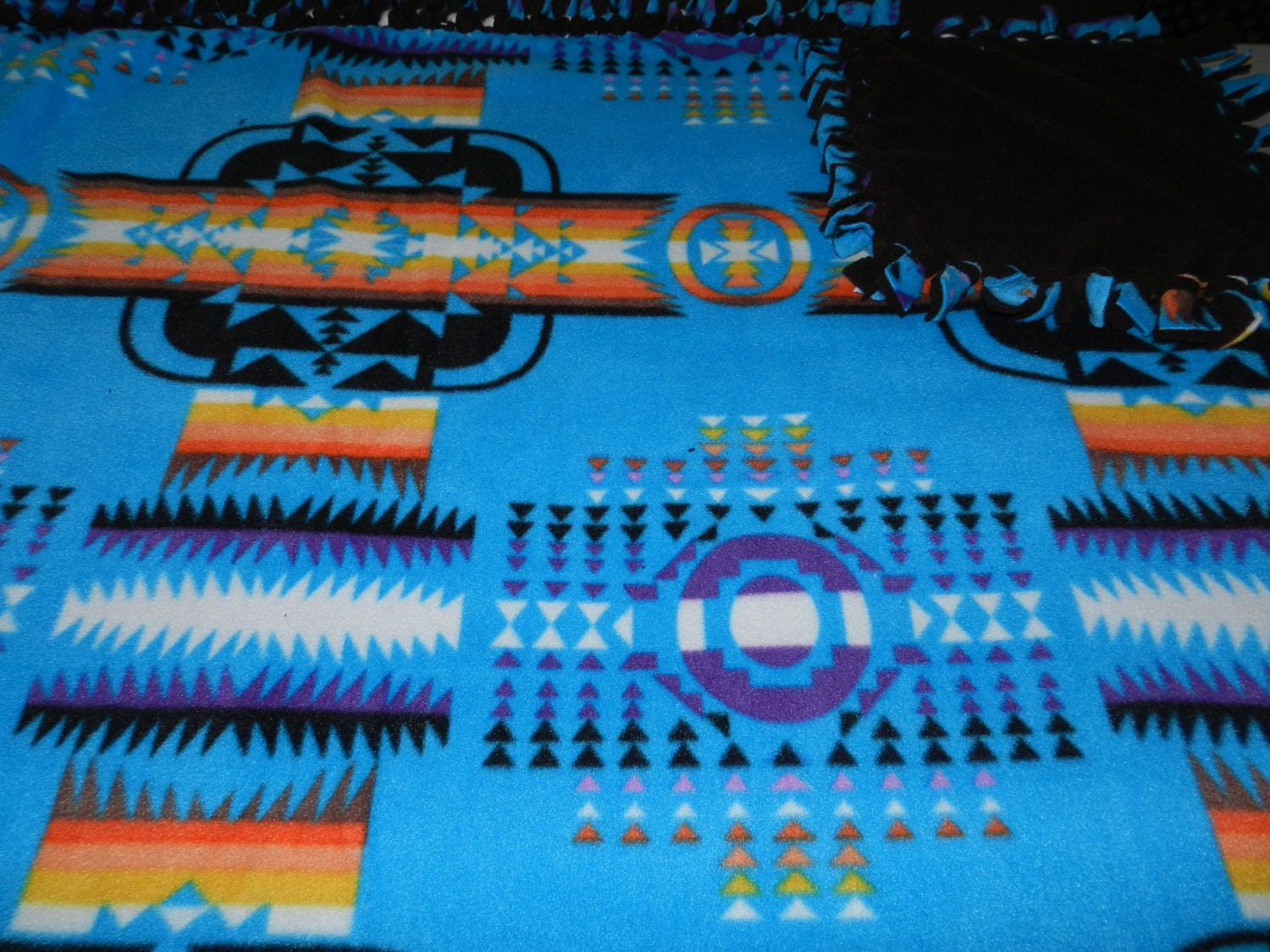 Native American Print Bright Blue Fleece Ties Blanket Navajo