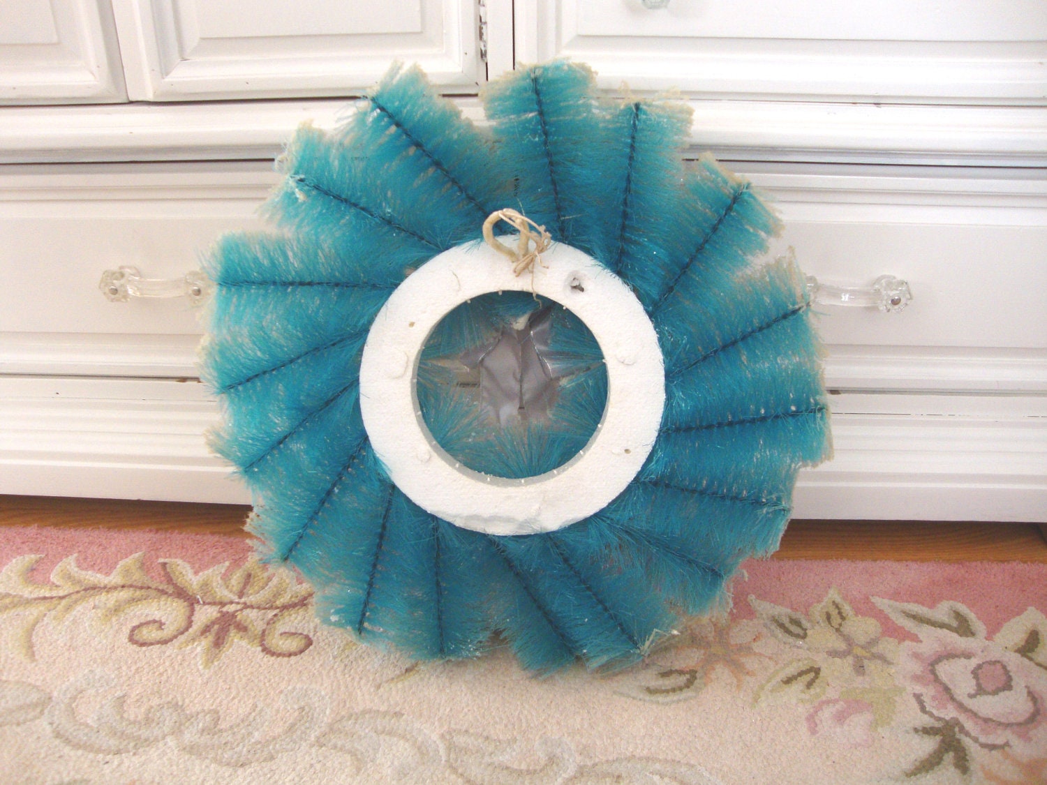 VINTAGE Bottle Brush Wreath Aqua Light Blue CHRISTMAS