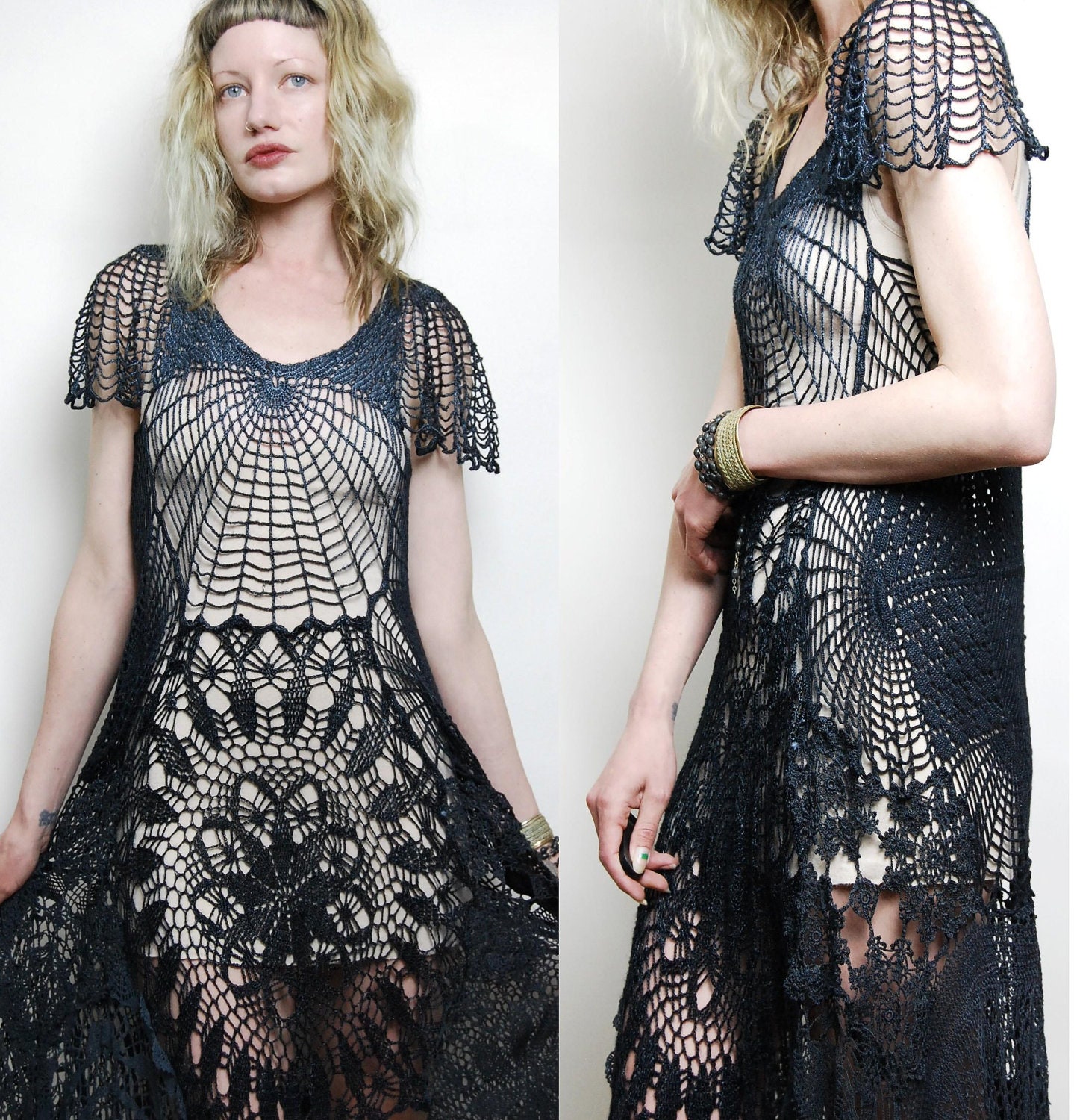 Crochet Dress VINTAGE LACE Black Cobweb SPIDERWEB Long