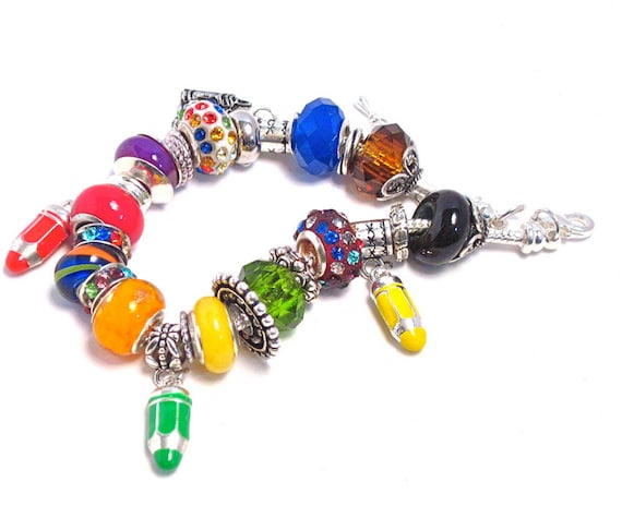 My First Crayon Box: Euro large hole bead charm bracelet, primary colors, red, yellow, blue, secondary colors, purple, orange, green