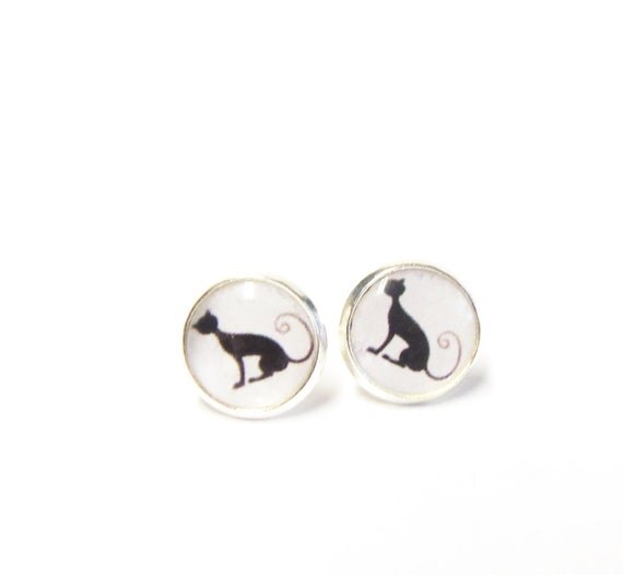 Tiny stud earrings black cat earring studs by agatechristina