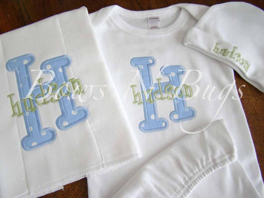 Initial Applique Set With Monogram Newborn Layette Gown Burp