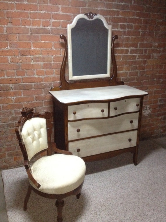 Items similar to White Wash Antique Dresser with Swivel Mirror on Etsy