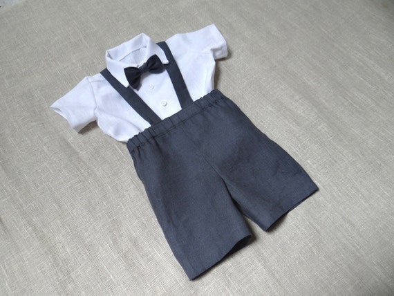 Kids boy natural linen suit baby boy clothes first birthday boys party suit suspenders outfit ring bearer baby boy kids eco friendly grey