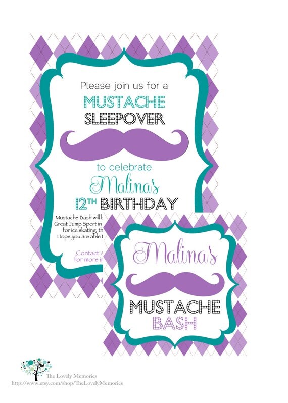 Mustache Sleepover Birthday Bash Printable Party Invitation/ Favor Tags Il_570xn