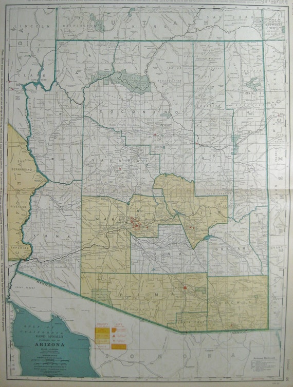 Rare ARIZONA Map of Arizona w Railroads RARE SIZE Vintage 1949