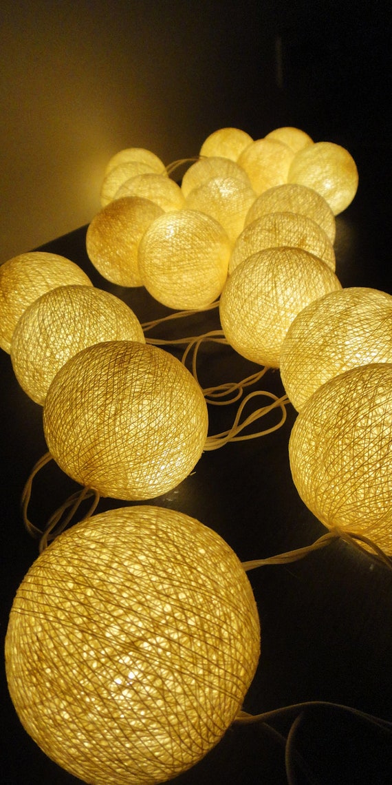 20 Big Cotton Balls Cream Tone Fairy String Lights by marwincraft