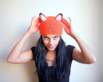 Crochet Pattern, fox hat, beanie, women animal costume, DIY photo tutorial, Instant Download